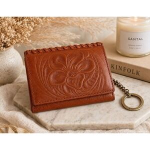 HOBO Leather Wallet Brown Floral Embossed Snap Coin Key Ring Card Case